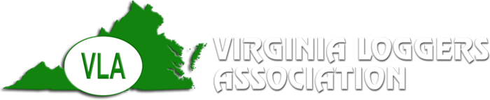 Logo of the Virginia Loggers Association featuring a green outline of Virginia with "VLA" in a white circle and the text "Virginia Loggers Association" in white.